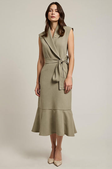 Ruffled Hem Grey Green V Neck Work Dress
